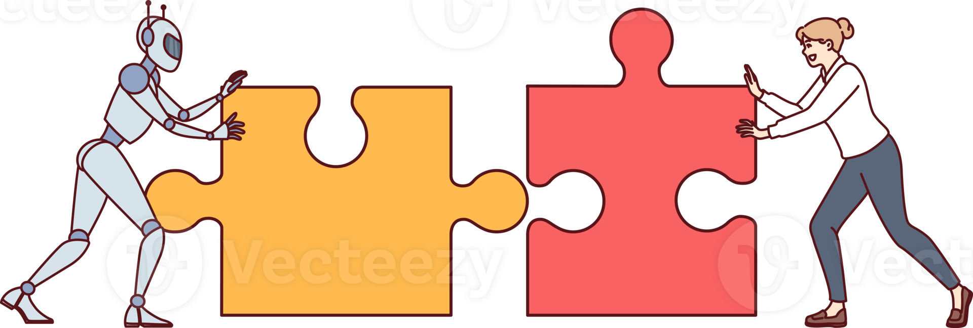 Teamwork of robot with artificial intelligence and person connecting puzzles to create innovative project. Businesswoman uses robot assistant to increase productivity at work and achieve high results. png