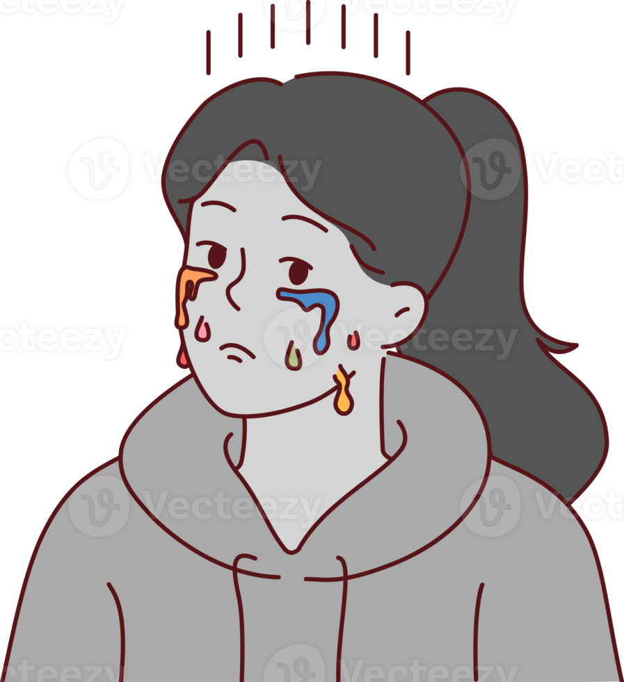 Crying teenage woman with depressed grimace and multi-colored tears, suffering due to lack of creative success. Crying girl needs support from friends to restore psychological state png