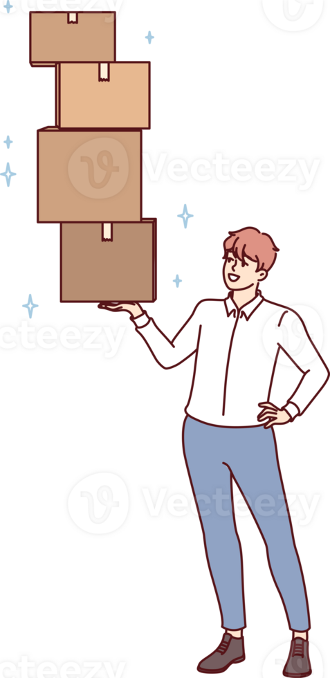 Successful man lifts several cardboard boxes with ease, demonstrating professional skills in fulfillment of goods. Businessman engaged in logistics or storage services and owns fulfillment company png