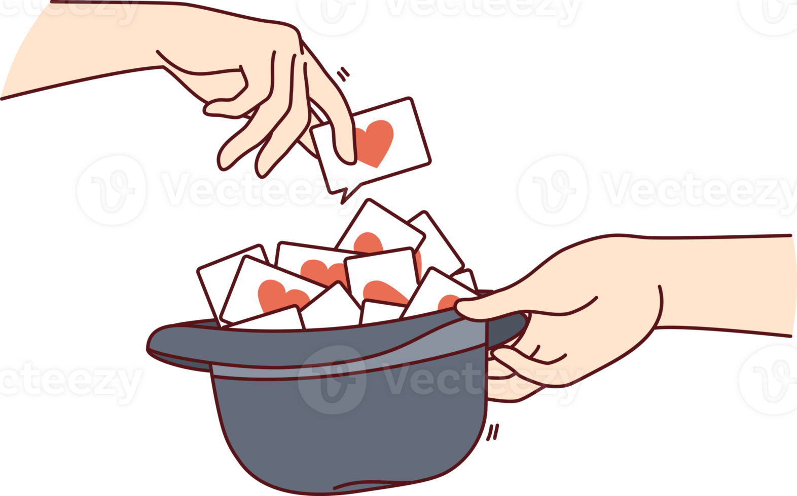 Love notes or wishes inside hat and hands of people playing romantic game for spouses or bride and groom. Man randomly chooses card with romantic wishes to have good time with other half png