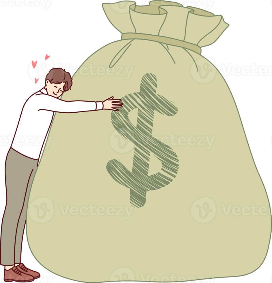 Rich man rejoices at having large savings thanks to hard work, hugging bag of money with dollar symbol. Rich guy with reserve capital that allows him to avoid bankruptcy and difficulties in life png