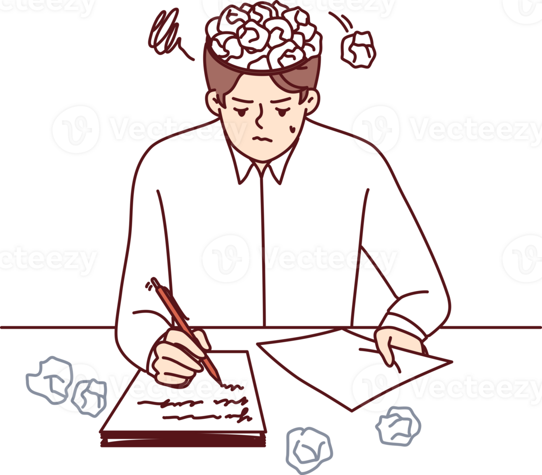Man writer writes story for own book, sits at table with crumpled papers instead of brain. Young guy is writer inspired to create own literary novel or series script with sharp plot twists png