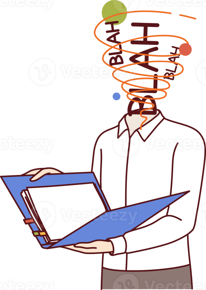 homem escritório trabalhador, sobrecarregado com Novo Ideias, sente cérebro explodir lendo o negócio documentos. cara com palavras blá em vez de do cabeça é estudando o negócio contrato ou financeiro analytics dados png