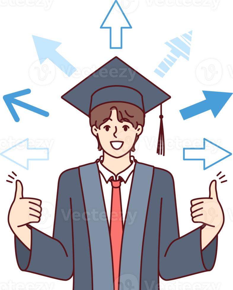 Man, university graduate received good education, shows fingers up, standing among arrows. Concept of having multiple development options for college graduate dressed in academic cap and gown png