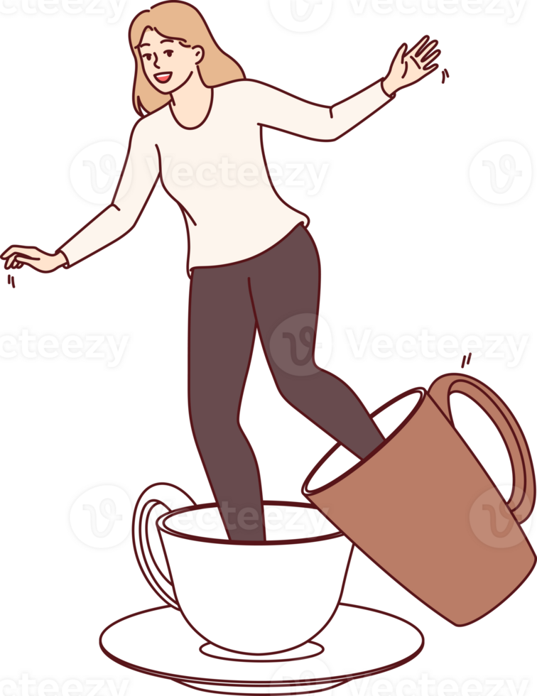 Large coffee cups on legs of girl experiencing discomfort due to caffeine addiction. Young girl laughs and moves legs with difficulty, with glasses of coffee allowing to get extra energy png