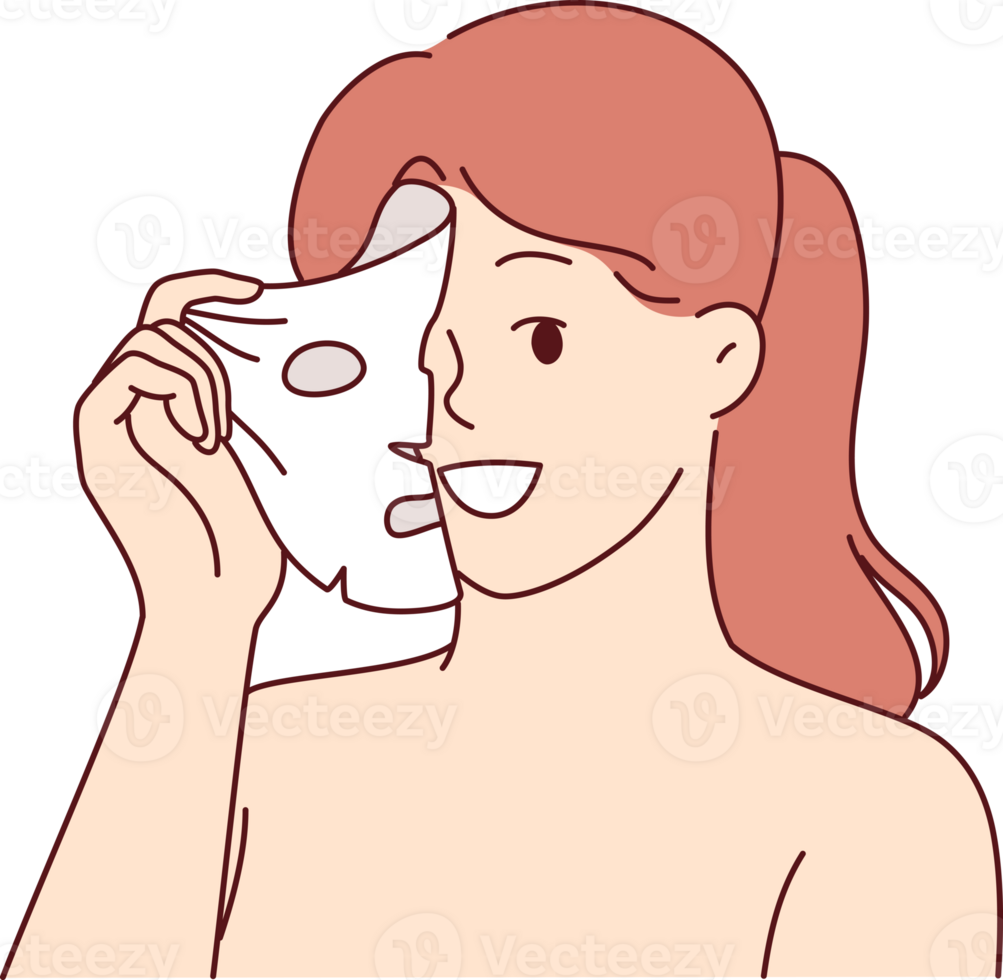 Woman uses rejuvenating face mask, following advice cosmetologist who recommended getting rid of wrinkles. Girl with bare shoulders does rejuvenating procedures to restore firmness and purity of skin. png