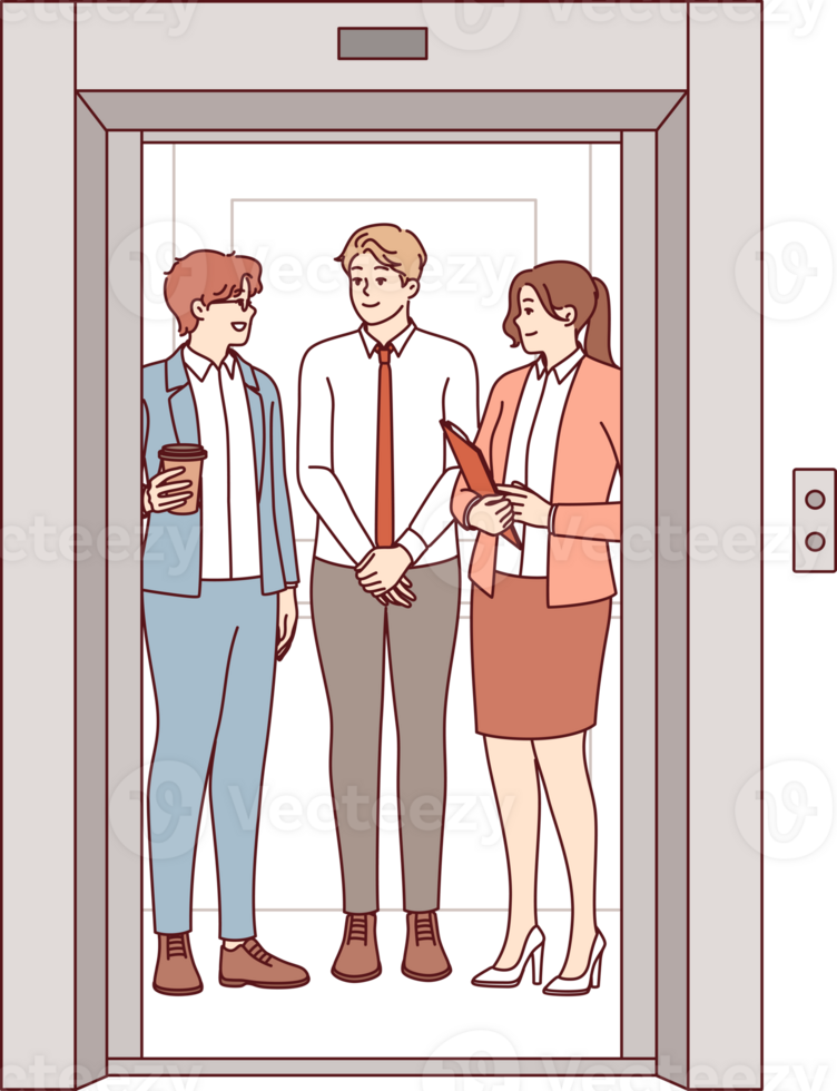företag människor rida i hiss tillsammans, gående upp till annan avdelning av företag eller framställning partner besök. män och kvinnor arbetssätt som tjänstemän träffa i hiss, som visar glädje på syn av kollegor png