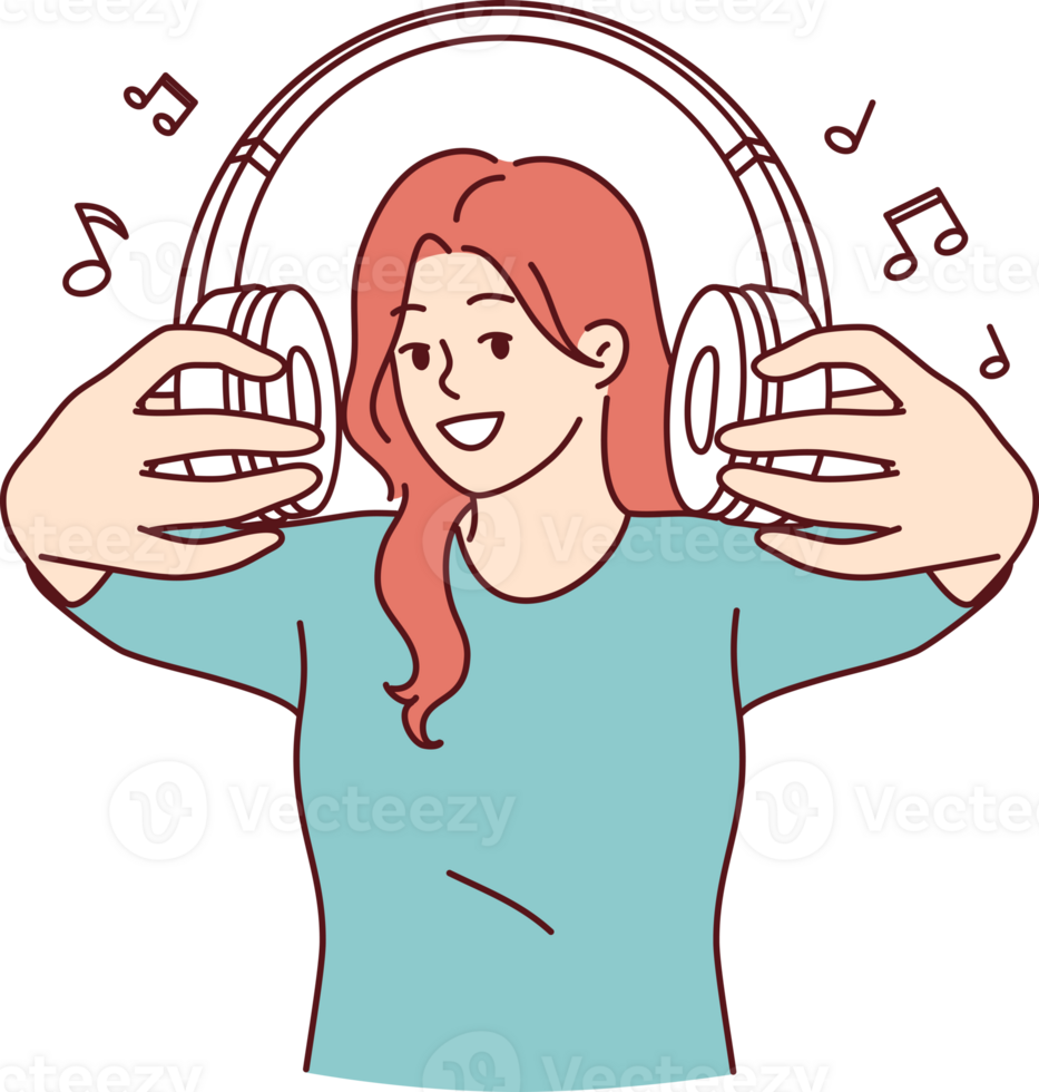 inalámbrico auriculares en manos de mujer atractivo usted a escucha a popular canciones o radio retransmisiones juntos. alegre niña con auriculares, orgulloso de recogido lista de reproducción de raro composiciones png