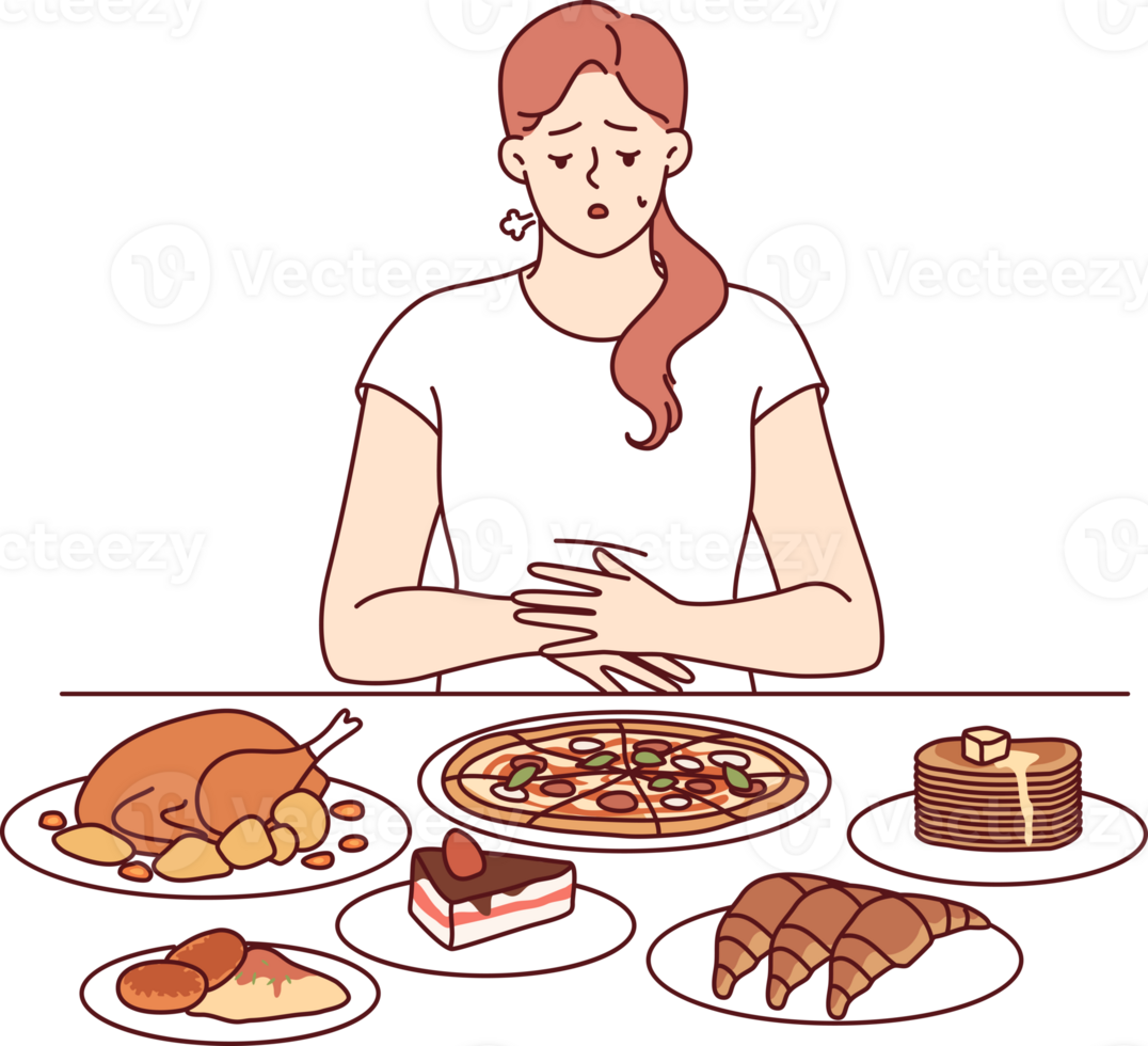 Problem of overeating in woman sitting at table with fast food, and in need of balanced diet. Girl feels heaviness in stomach due to regular overeating, which causes deterioration of immune system. png
