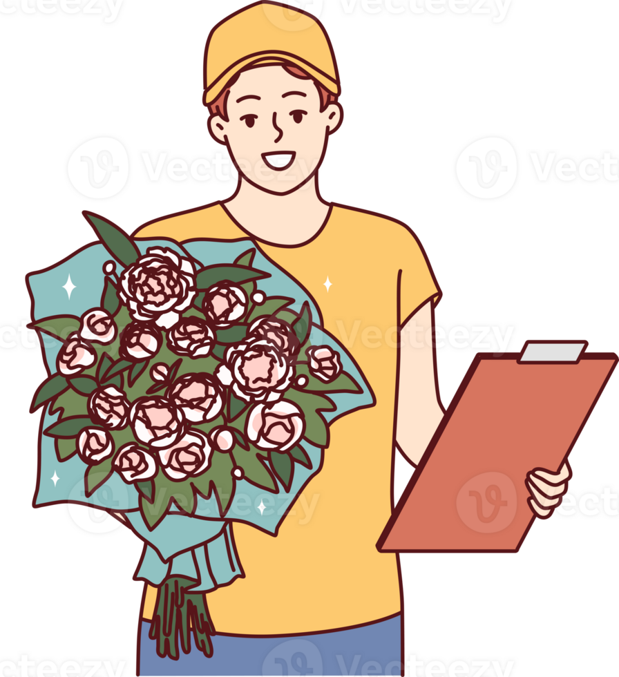 Man courier with bouquet of flowers and clipboard holds roses to screen while presenting gift. Guy from flower delivery service gives gift bouquet for birthday or relationship anniversary png