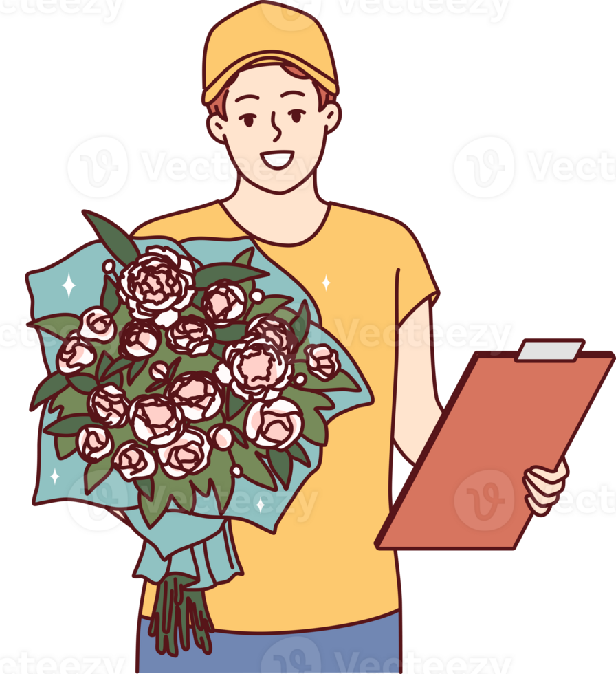 homme courrier avec bouquet de fleurs et presse-papiers détient des roses à écran tandis que en présentant cadeau. gars de fleur livraison un service donne cadeau bouquet pour anniversaire ou relation anniversaire png