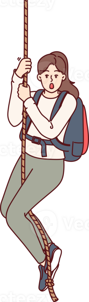 Frightened woman climber hangs on rope and opens mouth from fear, or release of adrenaline in body. Girl engages in extreme sports and is fond of hiking for sake of adrenaline hormone. png