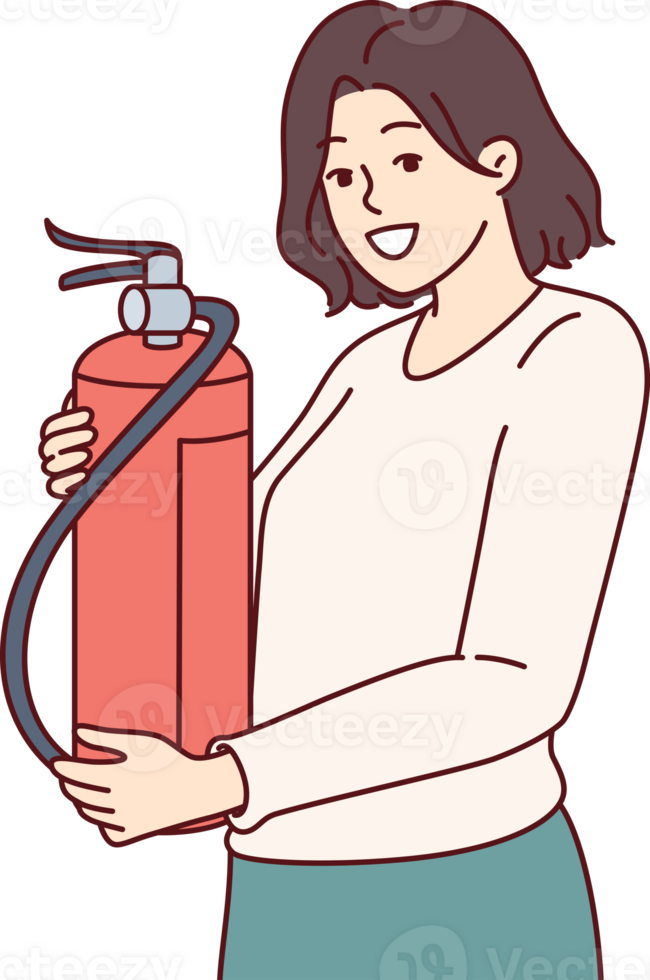Woman with fire extinguisher smiles, recommending checking expiration date of fire-fighting equipment. Red extinguisher in hands of beautiful girl taking care of safety of home or office png