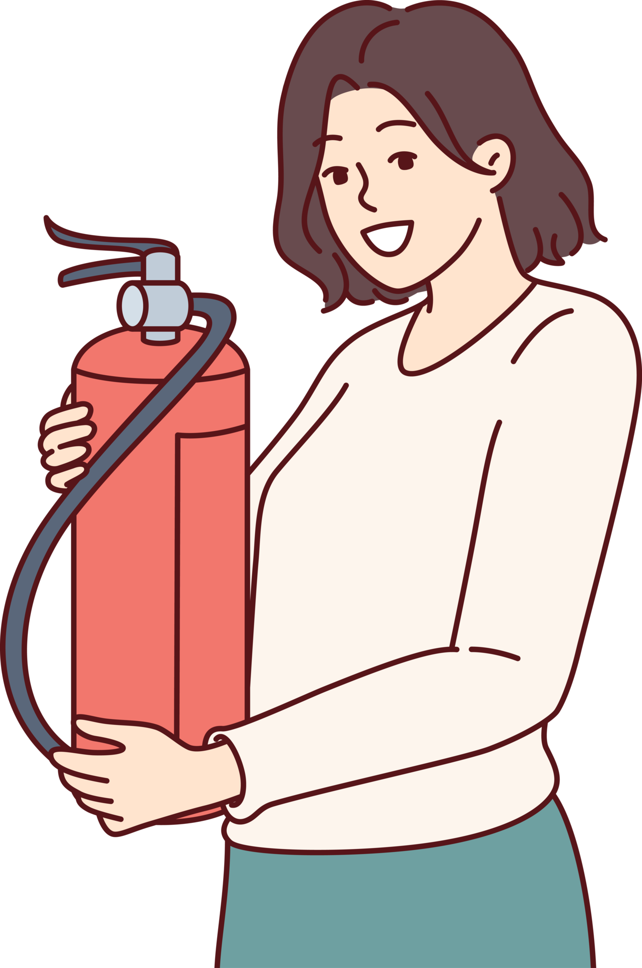 Woman with fire extinguisher smiles, checking expiration date of firefighting