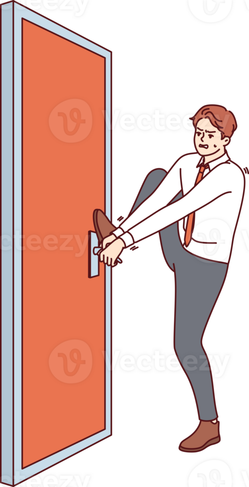 Persistent businessman is trying to open locked door, without giving up and striving to achieve goal. Persistent guy manager lost keys to own office, for concept of restrictions on career ladder png