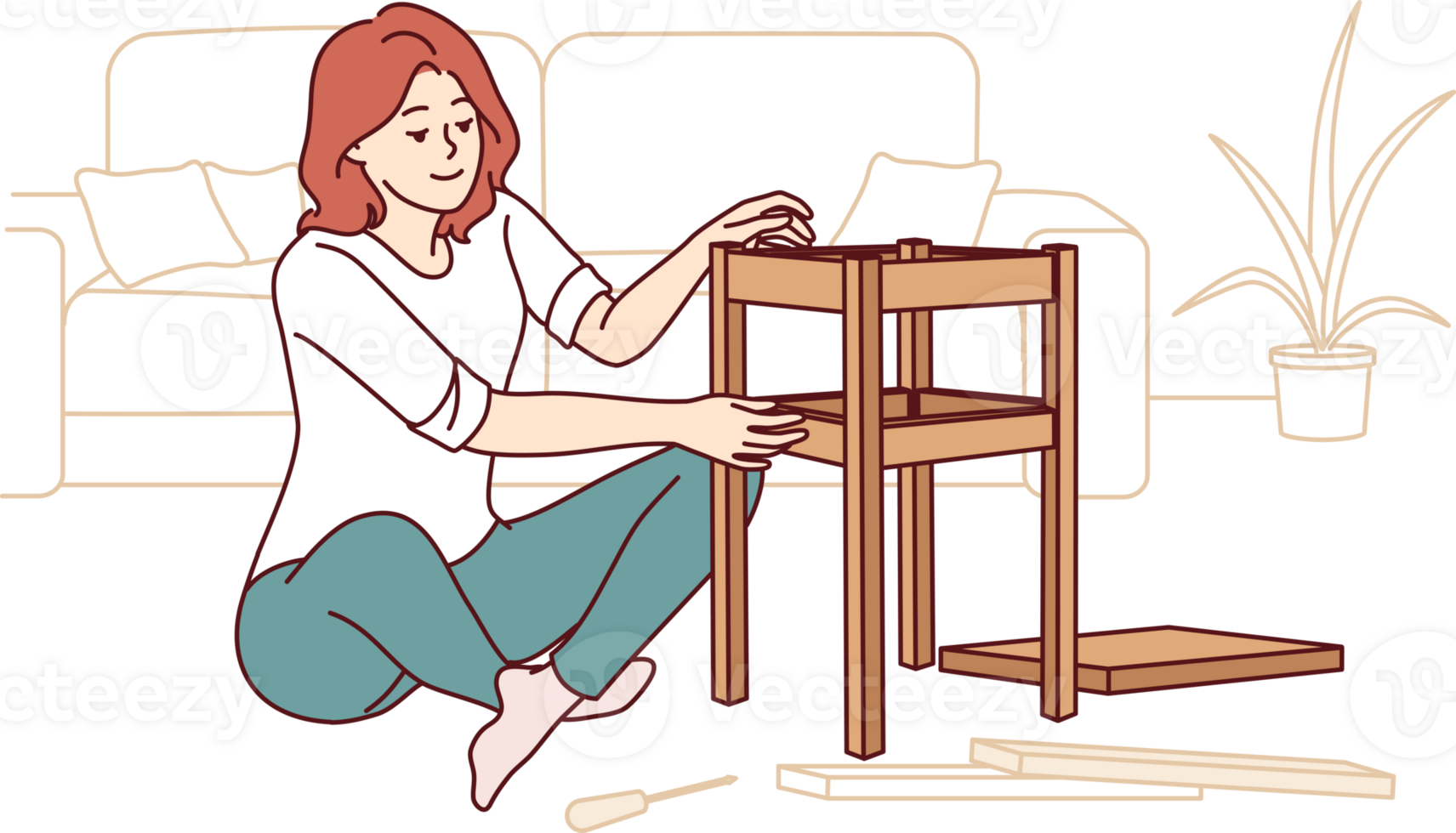 Woman assembles stool with own hands, sitting on floor in apartment and making own home more comfortable. Young girl fixes broken stool using screwdriver, without involving handyman. png