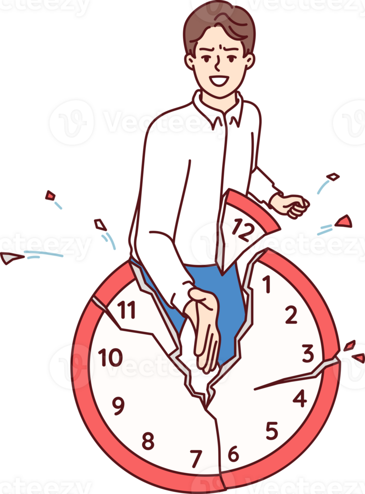 Man office worker breaks watch, refusing to comply with strict deadlines and follow company business schedule. Strong guy hits deadlines by meeting and exceeding productivity targets with ease. png