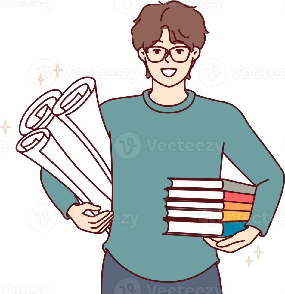 Man student with textbooks and papers for creating engineering drawings, smiles and looks at screen. Guy student studying at university or college holds books recommended by teacher png