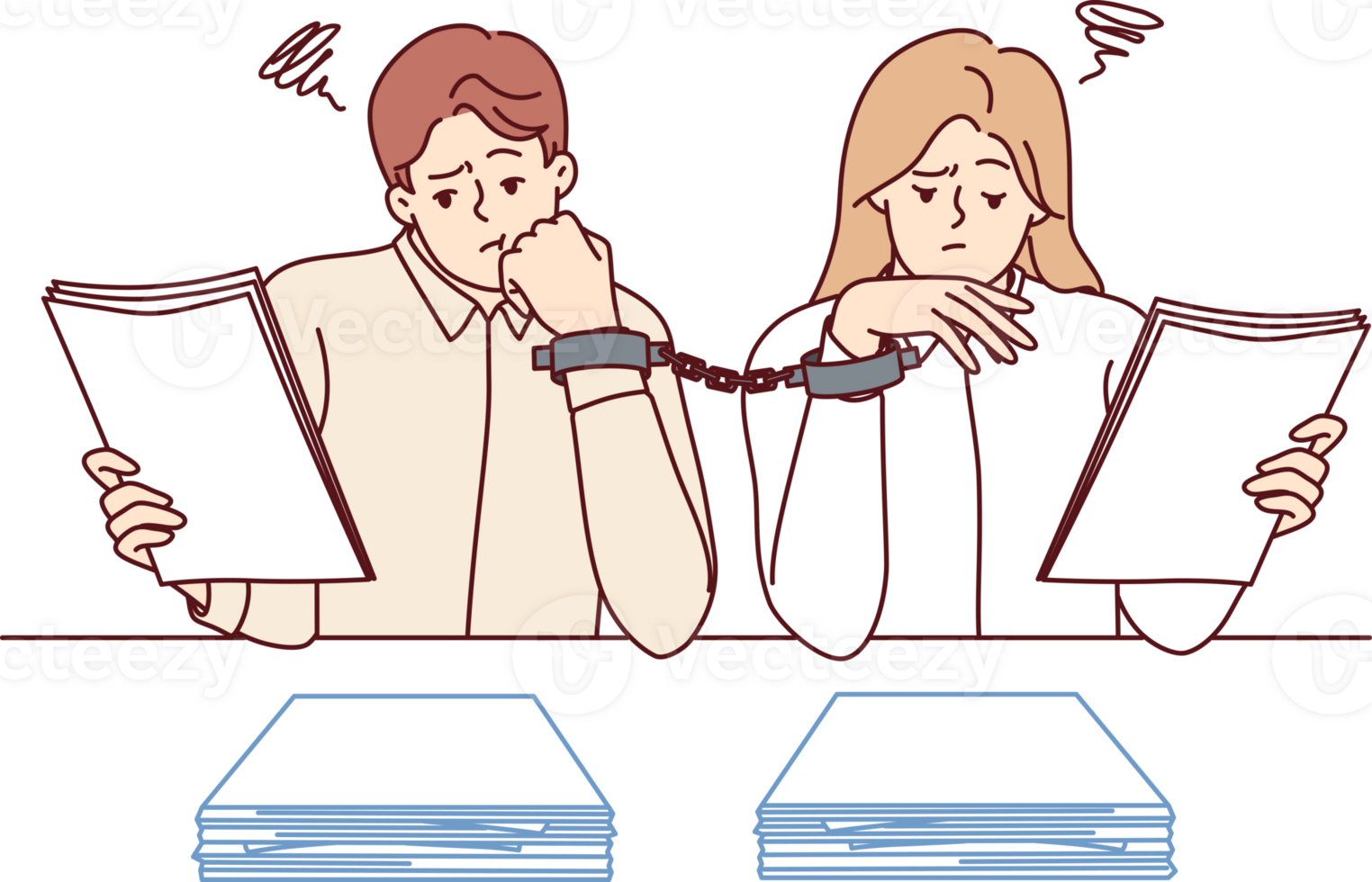 Paperwork forces handcuffed colleagues to do overtime, sitting at desk with papers. Problem of paperwork and excessive bureaucracy in corporations caused by lack of digitalization of work process png