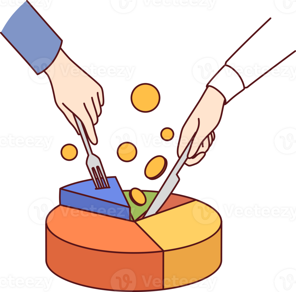 Statistical chart and hands of partners dividing financial pie, trying to extract more income from business. Businesspeople are involved in money making and getting income from startup png