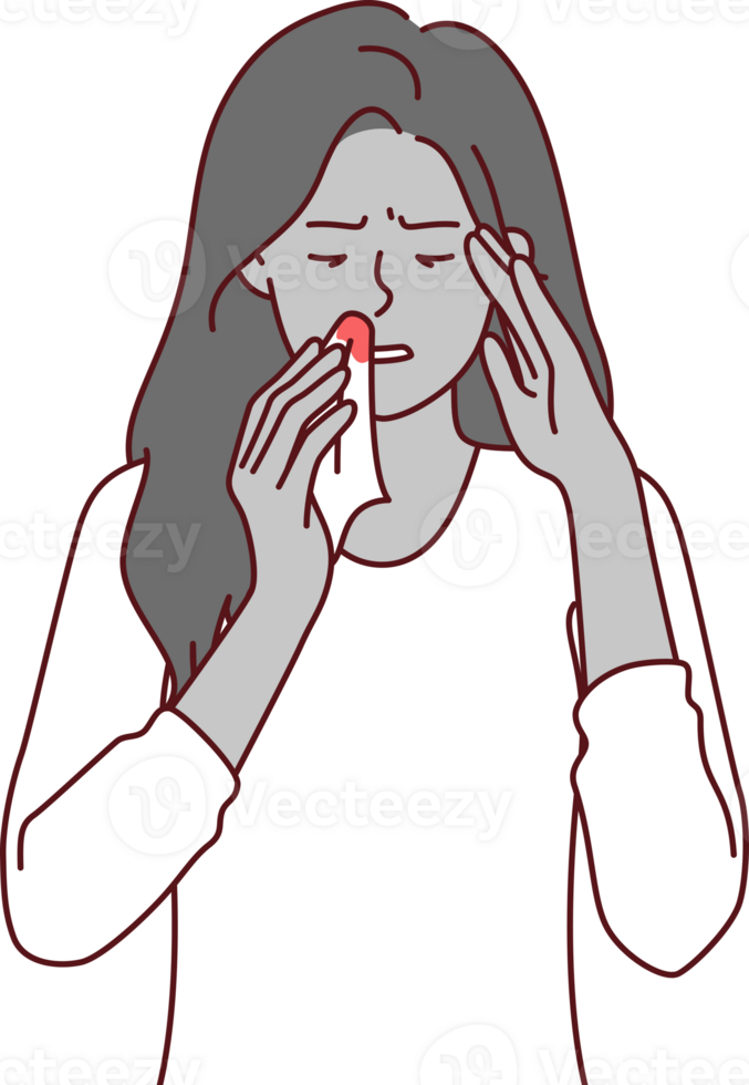 Bleeding from nose of sick woman holding handkerchief with blood stains, caused by high intracranial pressure. Upset girl in casual t-shirt needs medications to lower intracranial pressure png