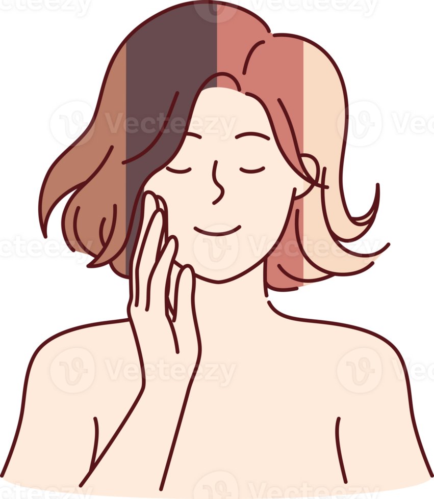 Woman with multi-colored hairstyle is considering changing image and choosing new hair dye. Young girl with happy face and bare shoulders wants to change hair color to become more beautiful. png