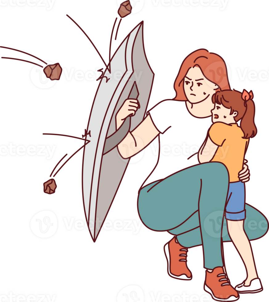 Mutter schützt wenig Tochter von fliegend Steine mit Stahl Schild, demonstrieren Mut und Widmung im erziehen Kinder. Pflege Mutter spart erschrocken Mädchen von Anschläge von Andere png