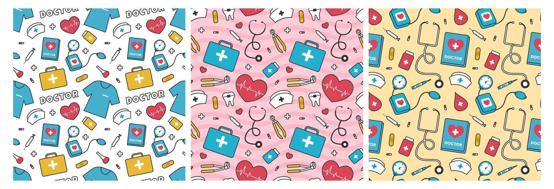 Doctors Day Seamless Pattern Design with Medical Equipment in Template Hand Drawn Cartoon Flat Illustration vector
