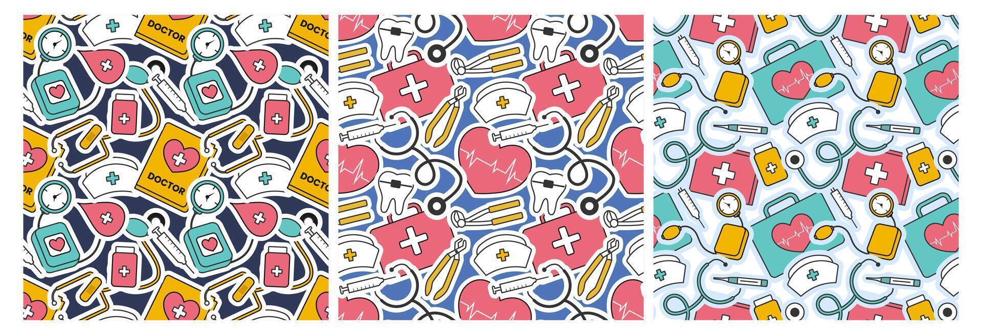 Doctors Day Seamless Pattern Design with Medical Equipment in Template Hand Drawn Cartoon Flat Illustration vector
