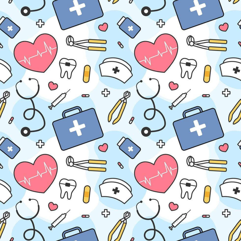 Doctors Day Seamless Pattern Design with Medical Equipment in Template Hand Drawn Cartoon Flat Illustration vector