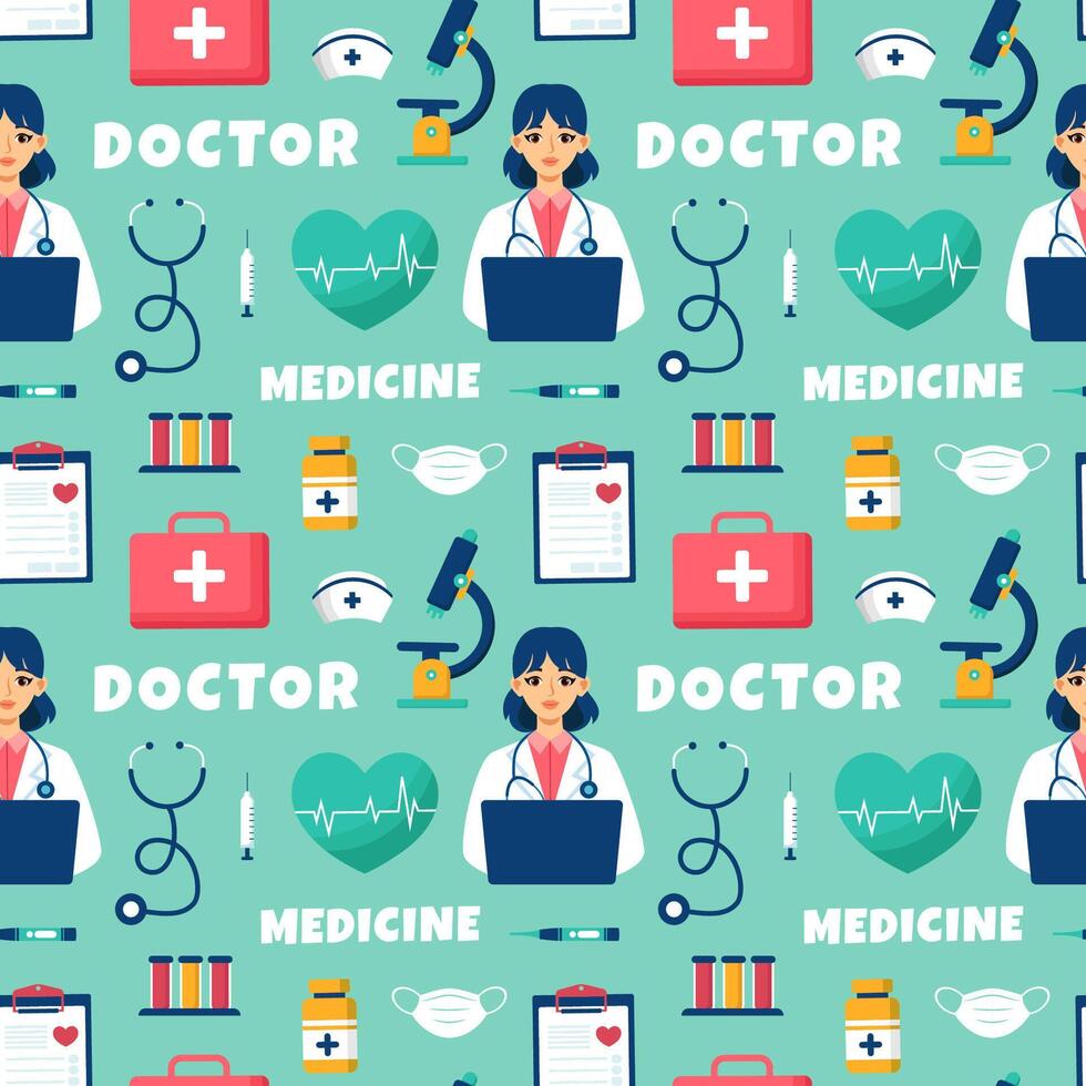Doctors Day Seamless Pattern Design with Medical Equipment in Template Hand Drawn Cartoon Flat Illustration vector