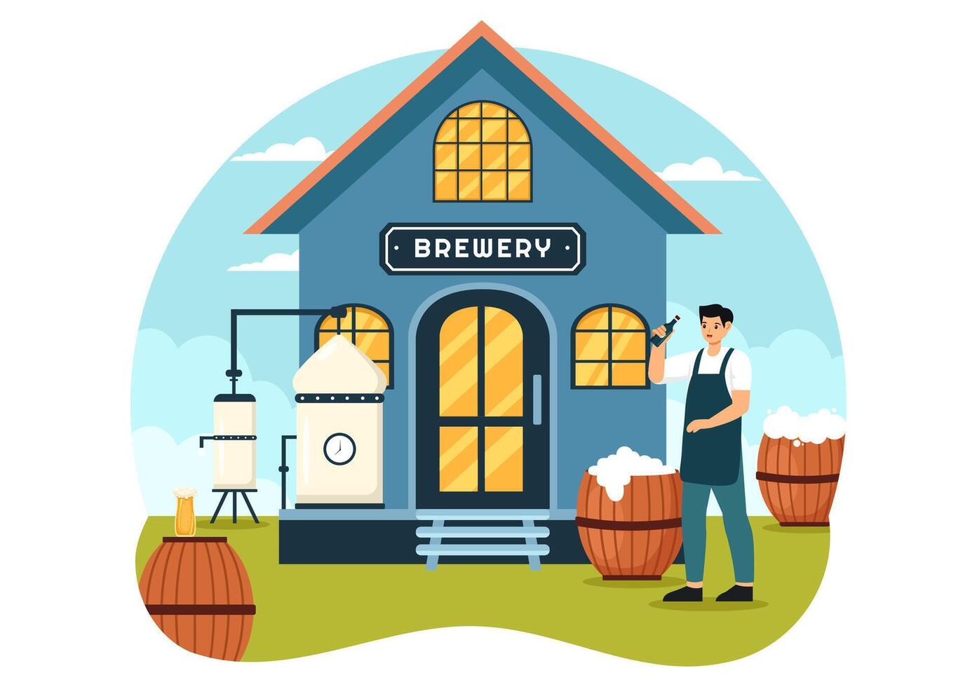 Brewery Production Process Illustration with Beer Tank and Bottle Full of Alcohol Drink for Fermentation in Flat Cartoon Background vector