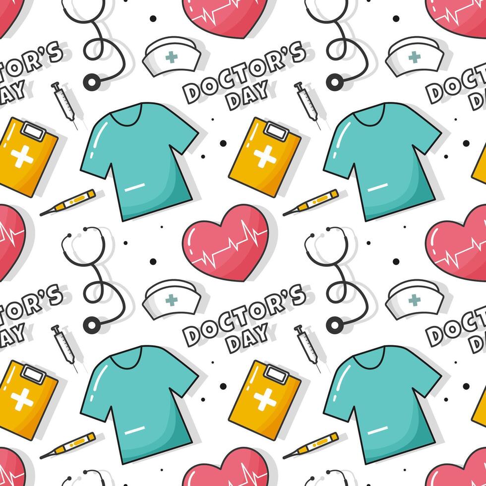 Doctors Day Seamless Pattern Design with Medical Equipment in Template Hand Drawn Cartoon Flat Illustration vector