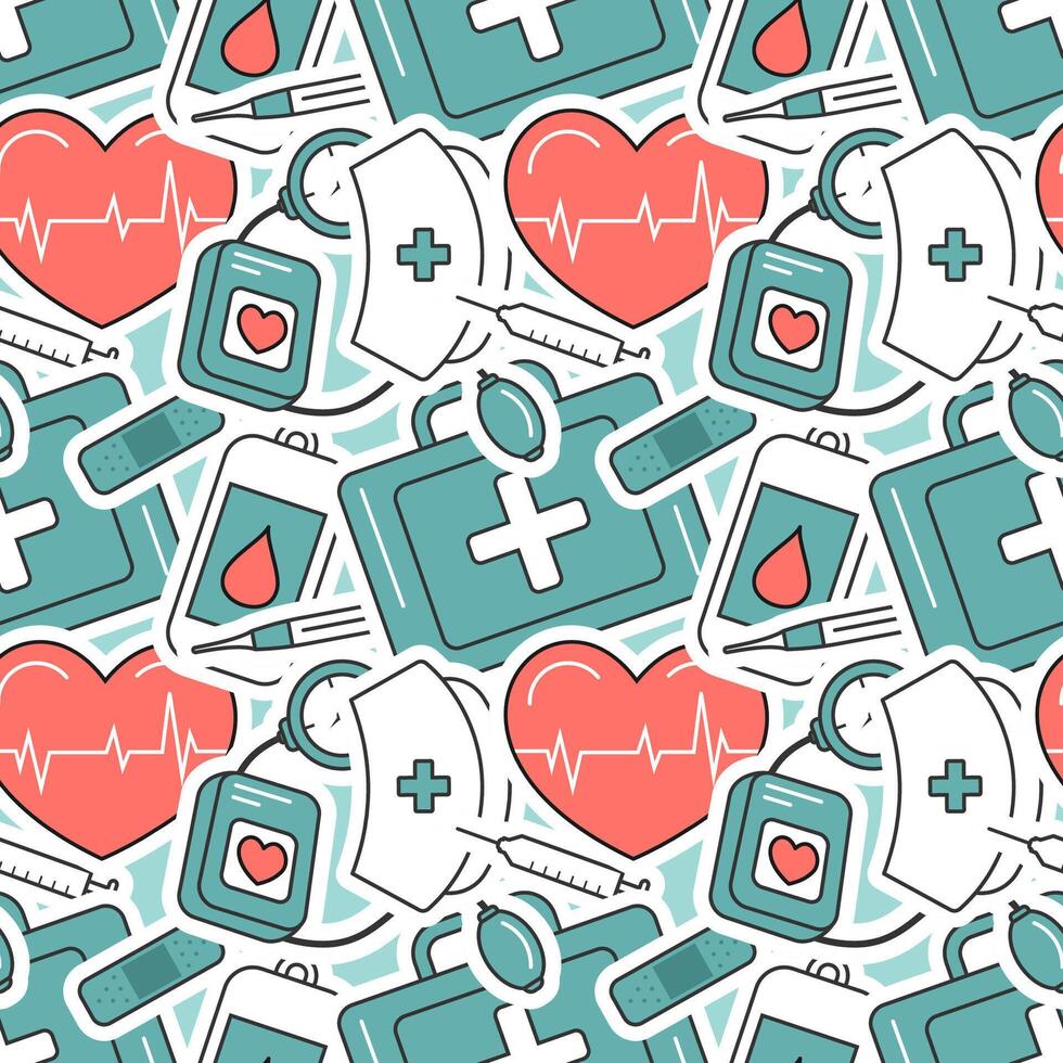 Doctors Day Seamless Pattern Design with Medical Equipment in Template Hand Drawn Cartoon Flat Illustration vector