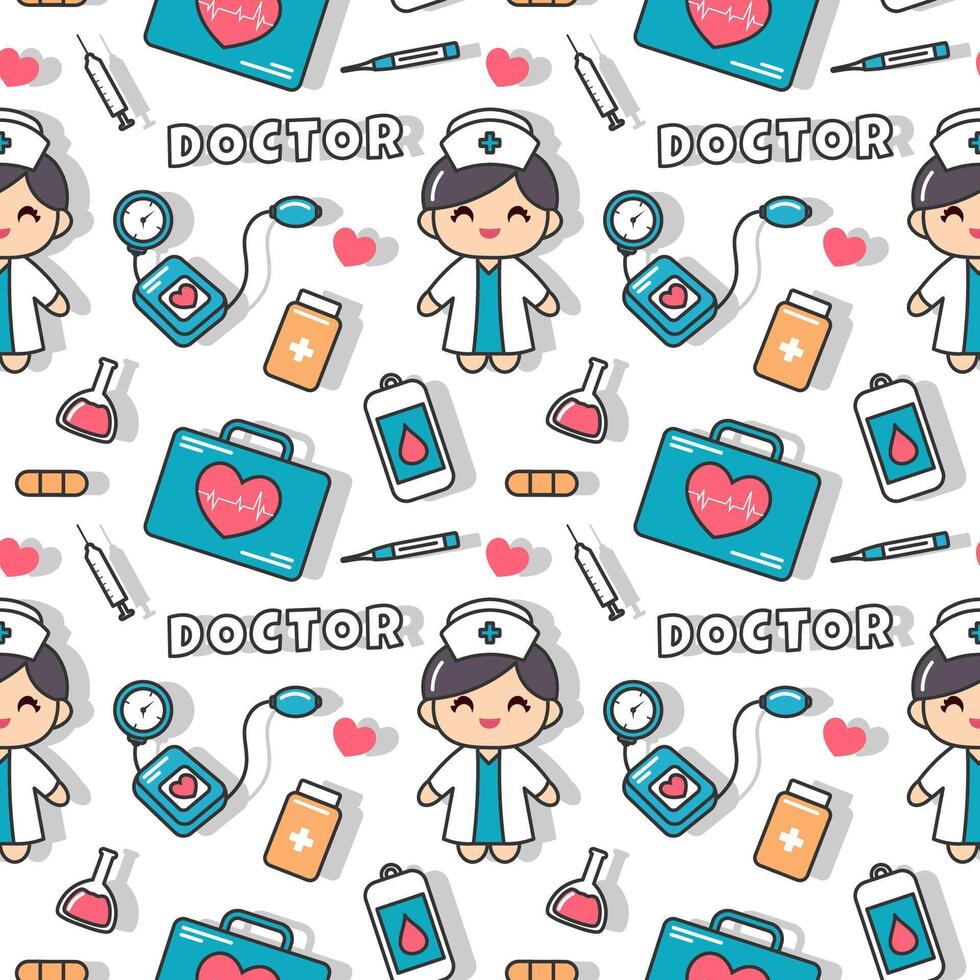 Doctors Day Seamless Pattern Design with Medical Equipment in Template Hand Drawn Cartoon Flat Illustration vector