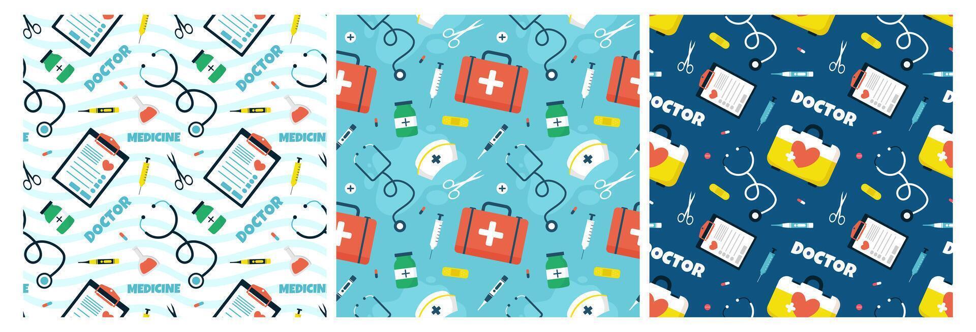 Doctors Day Seamless Pattern Design with Medical Equipment in Template Hand Drawn Cartoon Flat Illustration vector