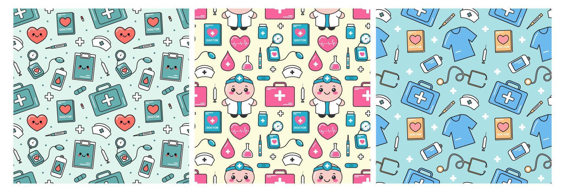 Doctors Day Seamless Pattern Design with Medical Equipment in Template Hand Drawn Cartoon Flat Illustration vector