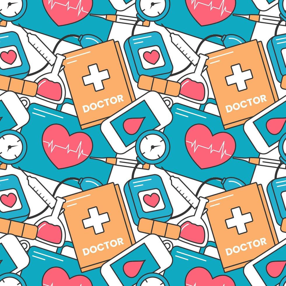 Doctors Day Seamless Pattern Design with Medical Equipment in Template Hand Drawn Cartoon Flat Illustration vector
