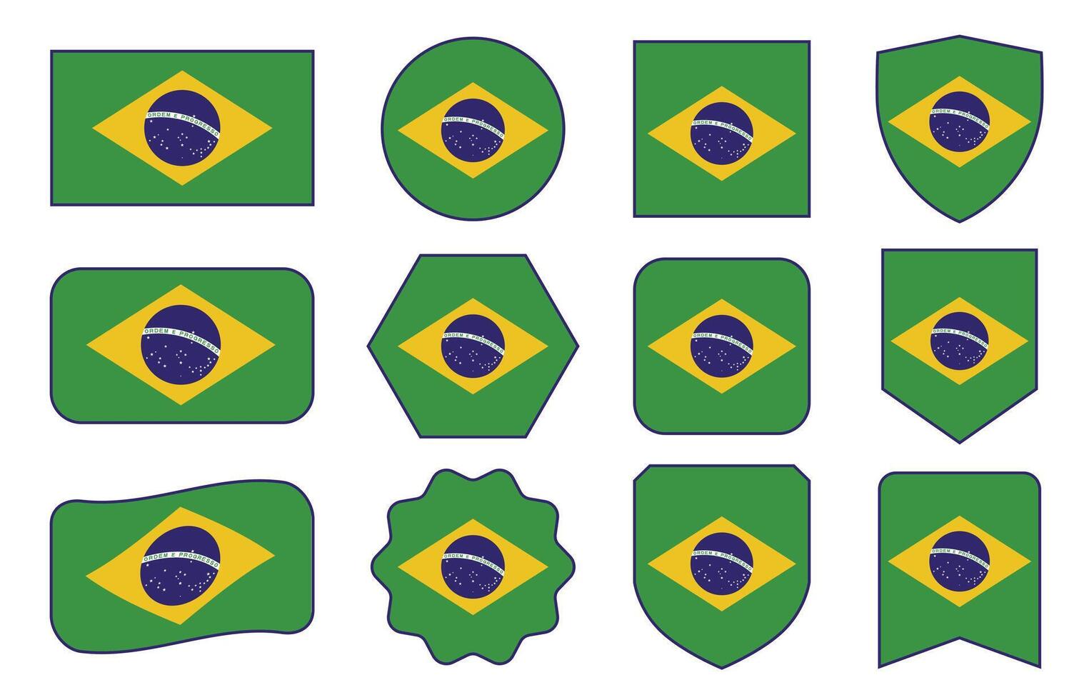 Flag of Brazil in modern abstract shapes, waving, badge, design template vector