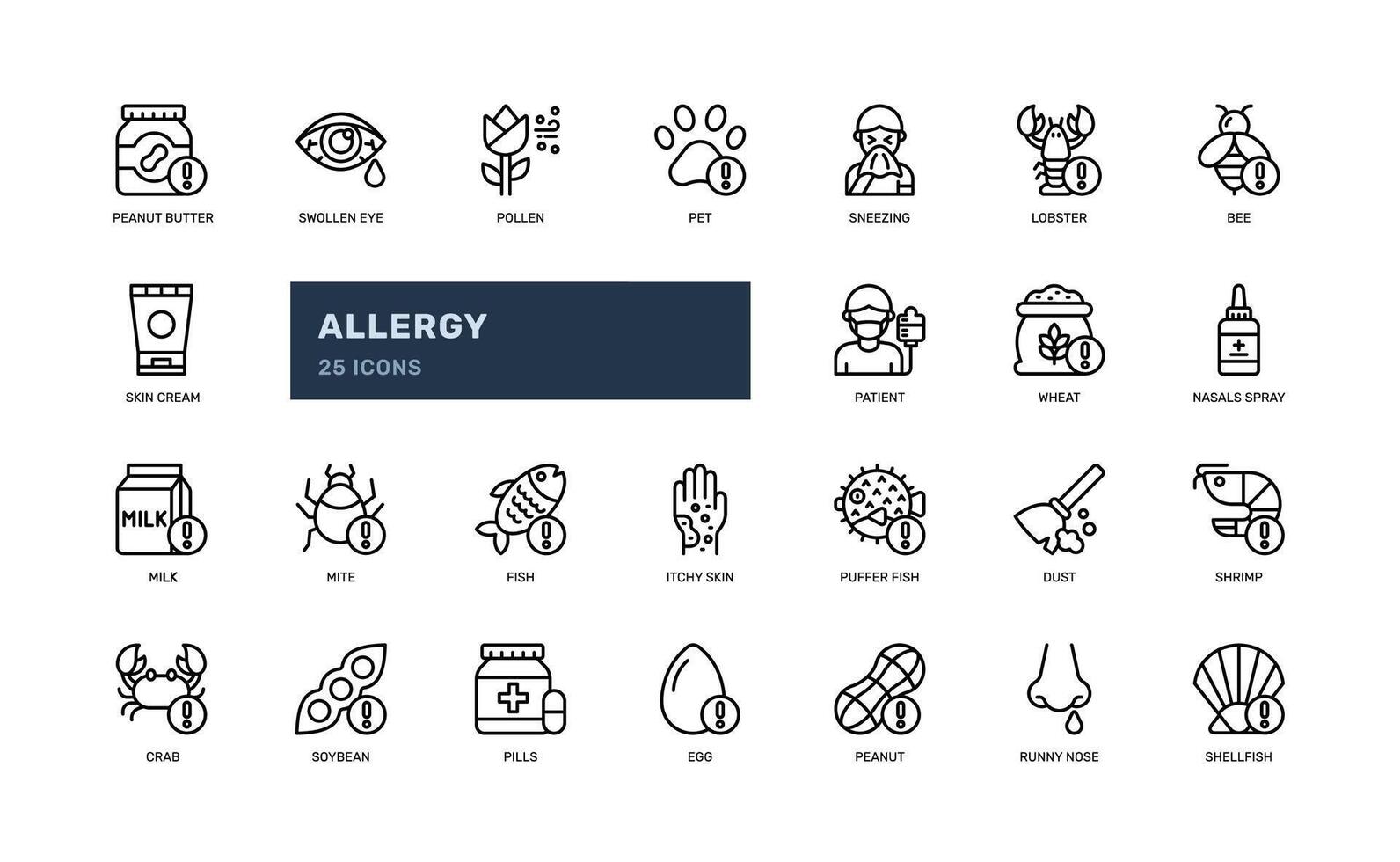 Allergy symptoms and food ingredient nutrition allergen outline line icon set vector