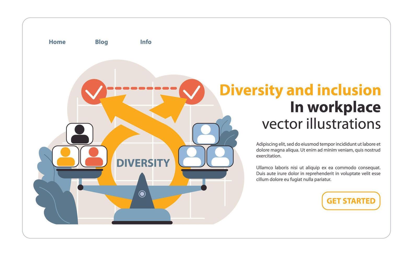 Balancing scales showcasing diverse workforce. Flat illustration vector