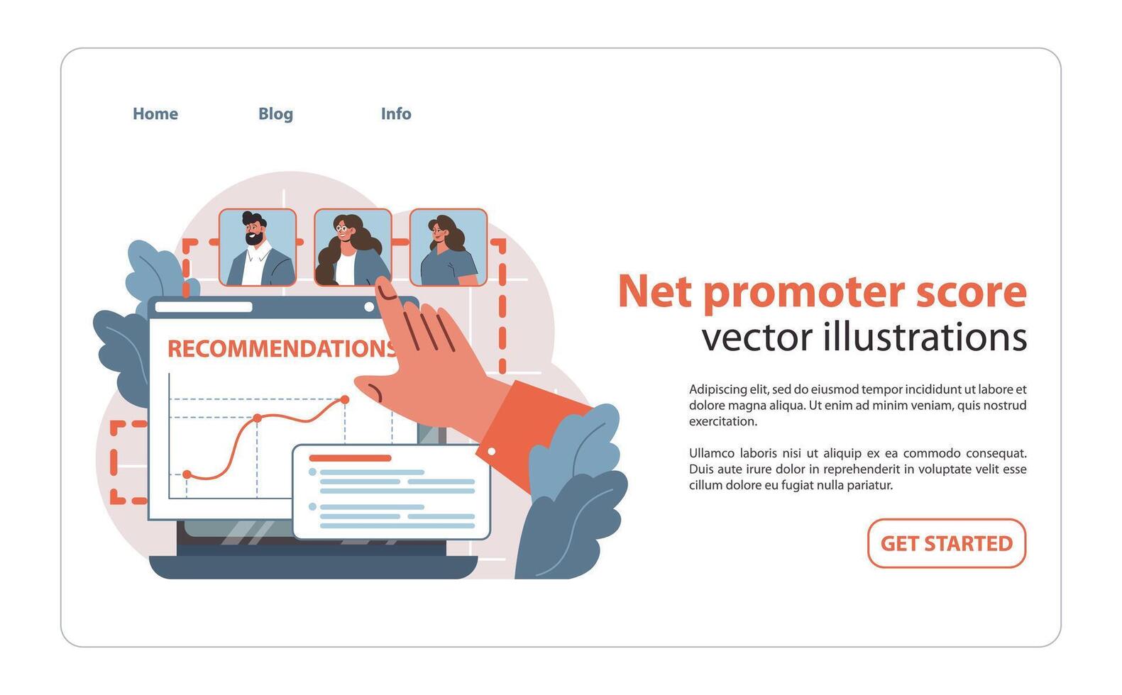 Net promoter score concept. Analyzing customer reviews on a laptop. vector
