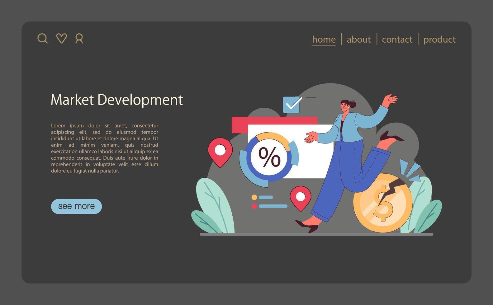 Market Development concept. Energetic businesswoman navigating growth with symbols vector