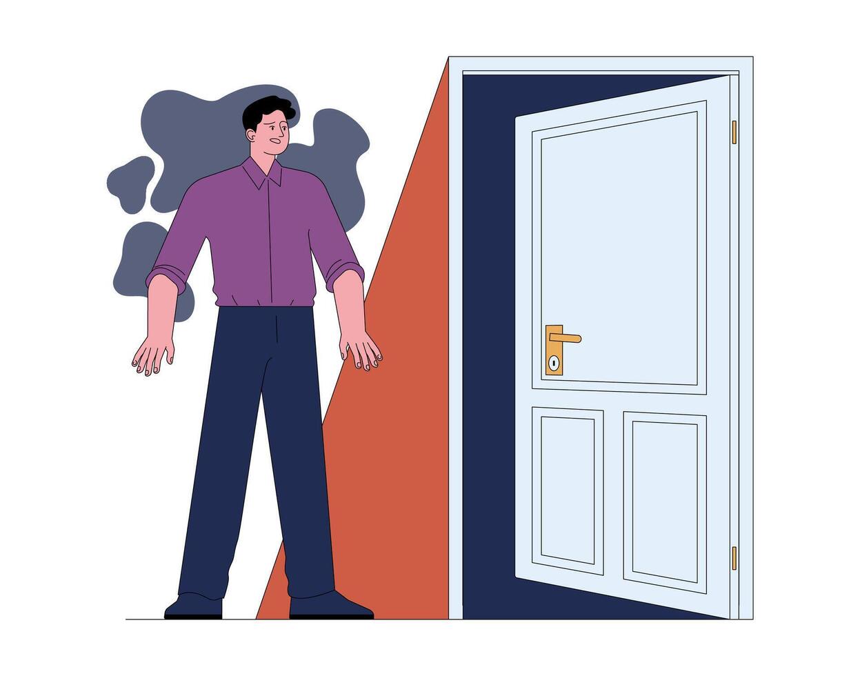 Fear of unknown. Terrified man standing by half open secret door. Person vector