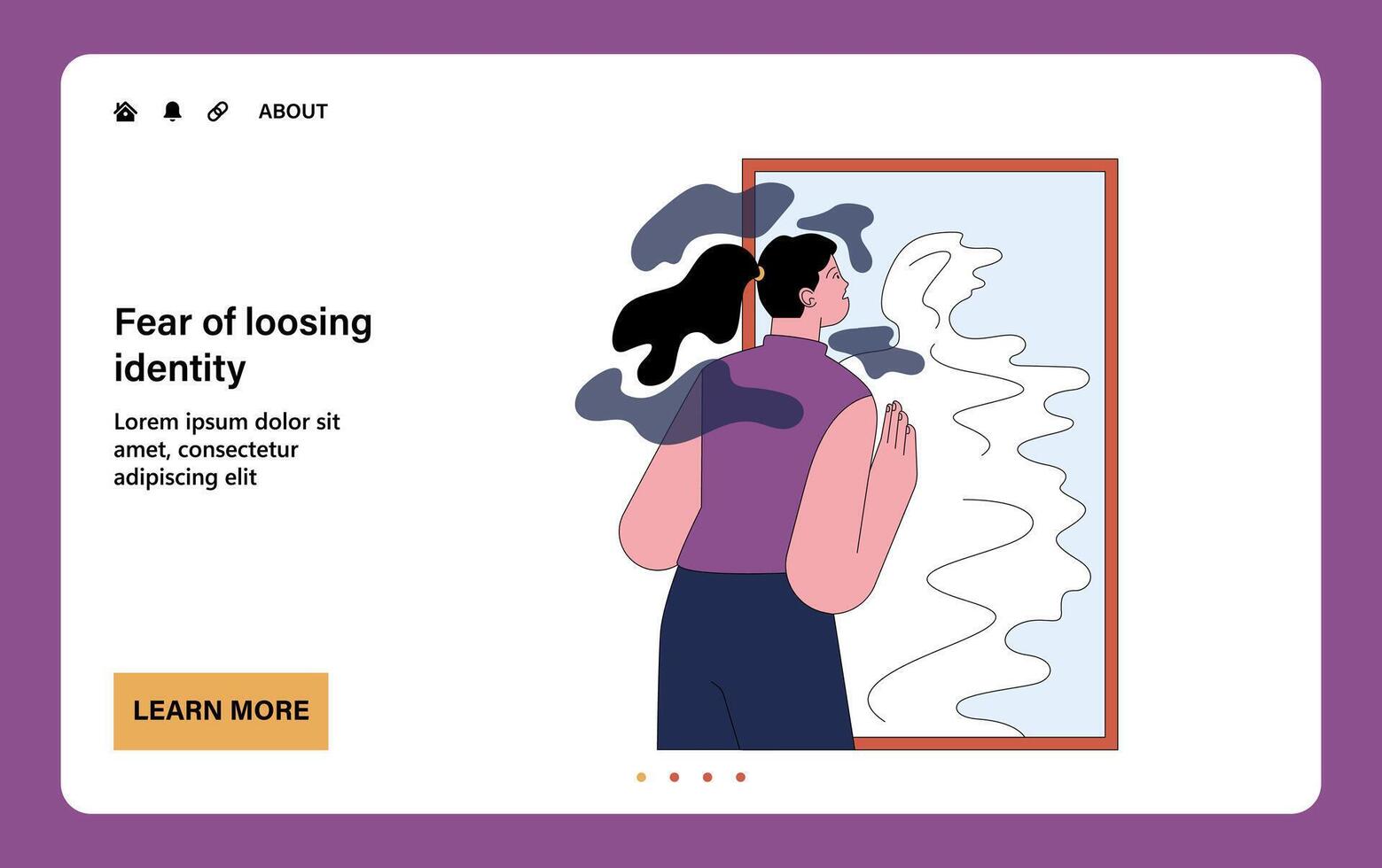 Fear of loosing identity. Terrified young woman looking to a mirror without vector