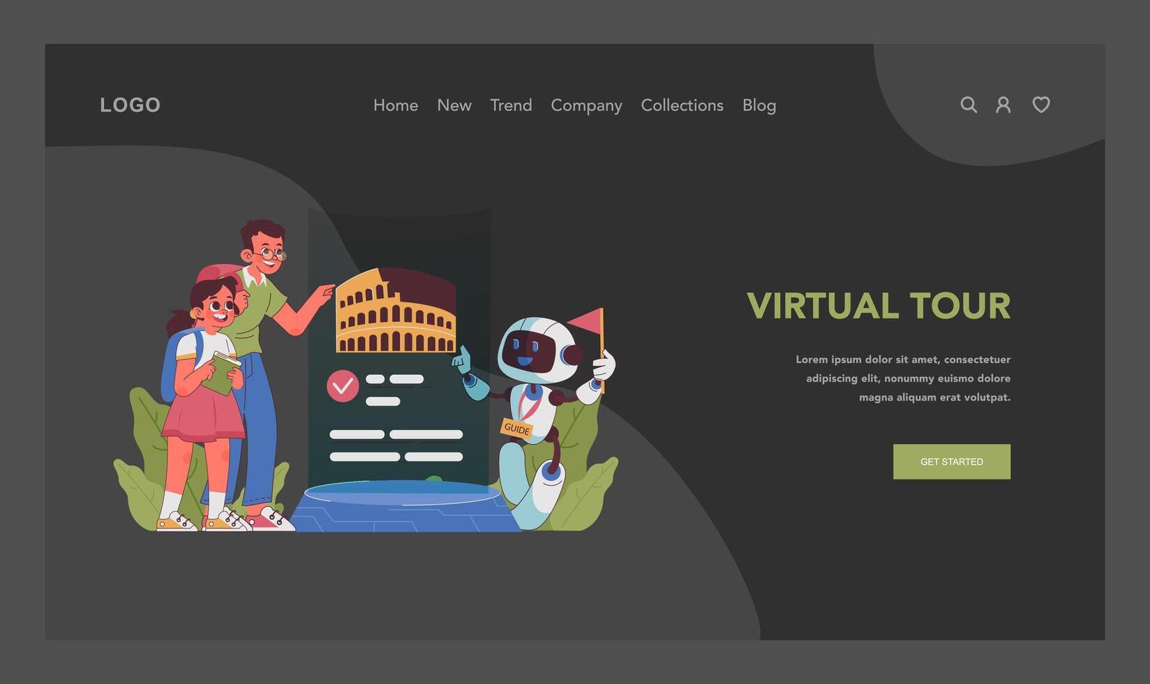 AI in education enables a virtual tour of historical sites. Flat illustration vector