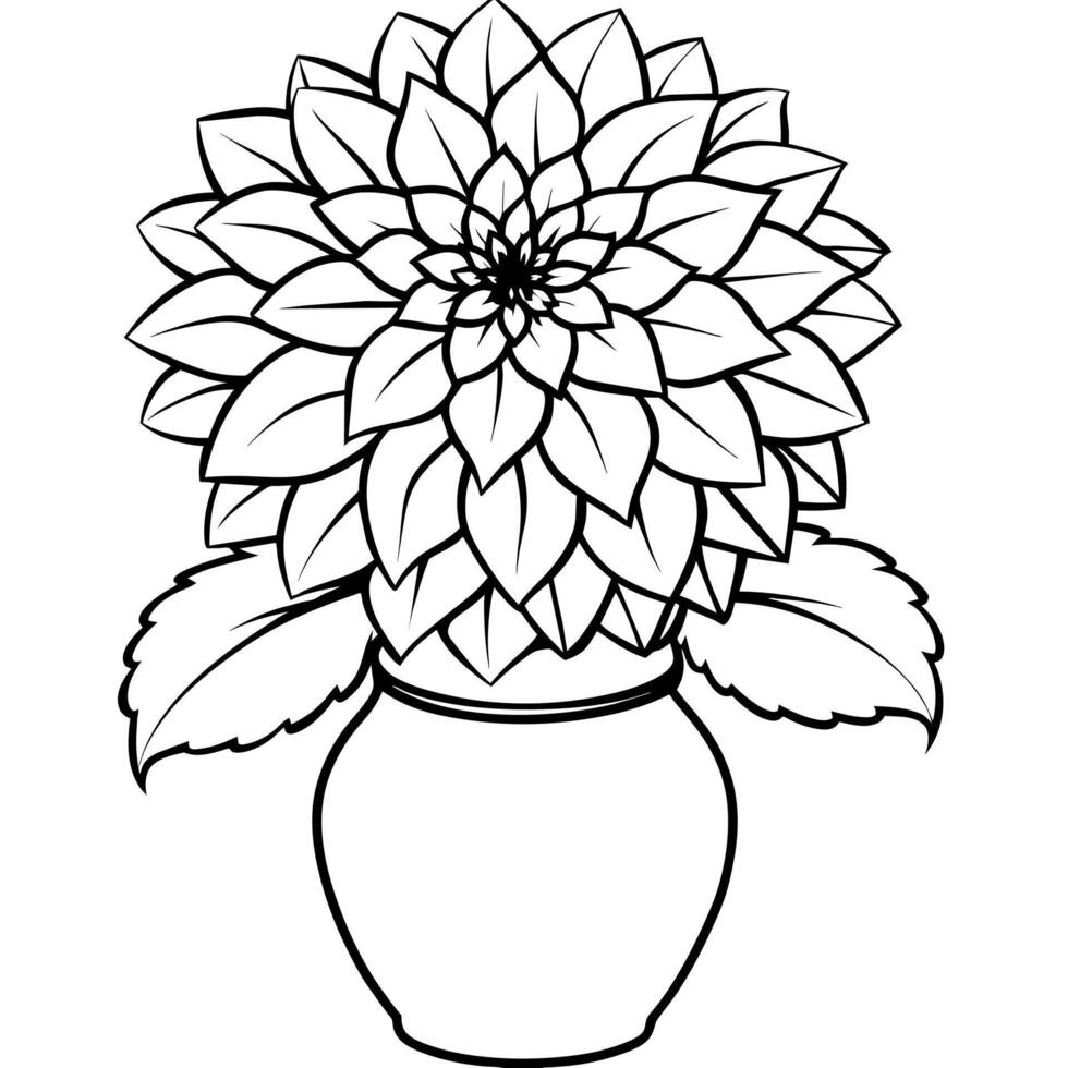 Dahlia flower on the vase outline illustration coloring book page design, Dahlia flower on the vase black and white line art drawing coloring book pages for children and adults vector