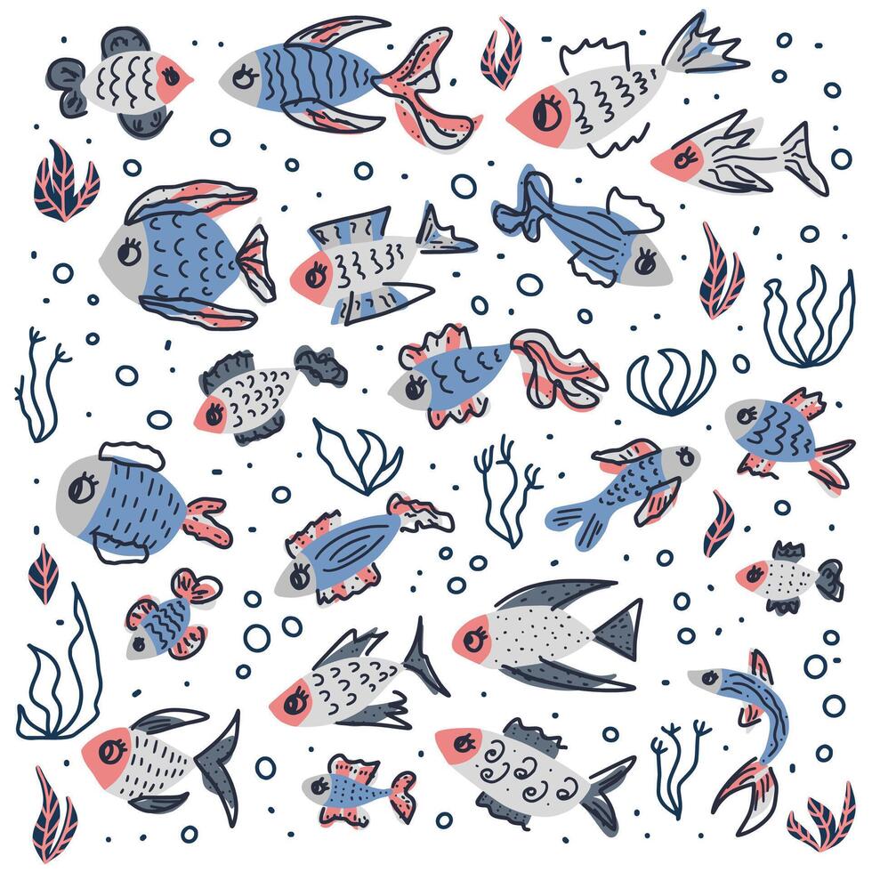 fish collection isolated in doodle style. vector