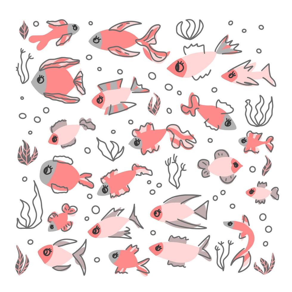 fish collection isolated in doodle style. vector