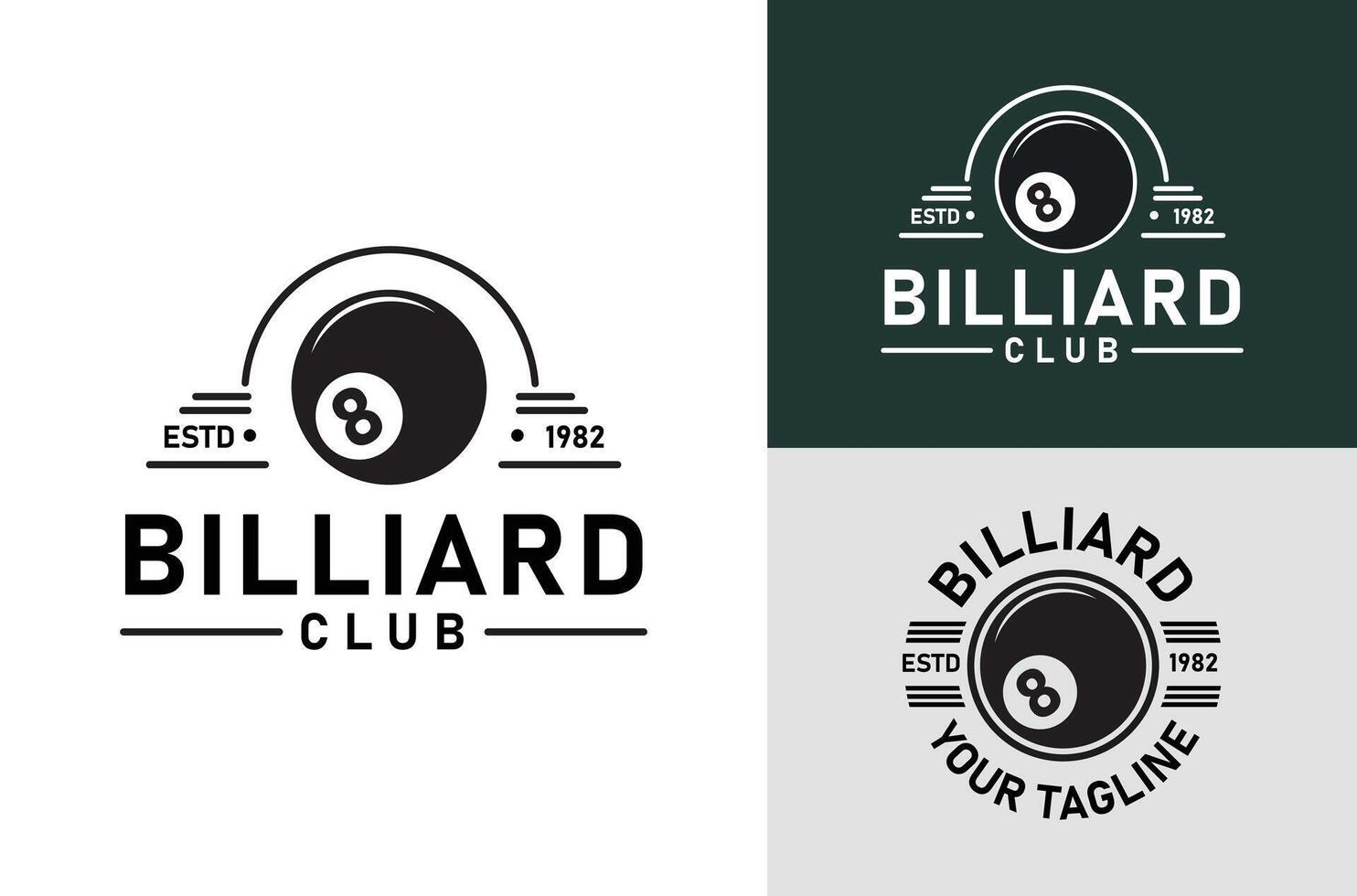 Billiard Club Sports Design with Black Ball number 8. Vintage Retro on light and dark background vector